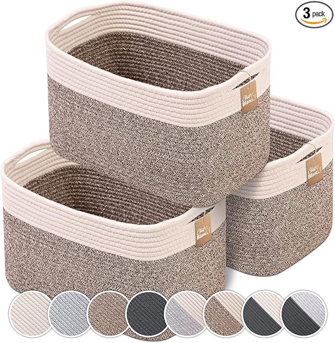 CHAT BLANC Cotton Rope Baskets for Organizing | Storage Baskets for Shelves | Rope Basket for Storage, Small Laundry Baskets, Woven Baskets for Storage, Dog Toy Bin, Baby Basket,Off White&Brown 3 Pack