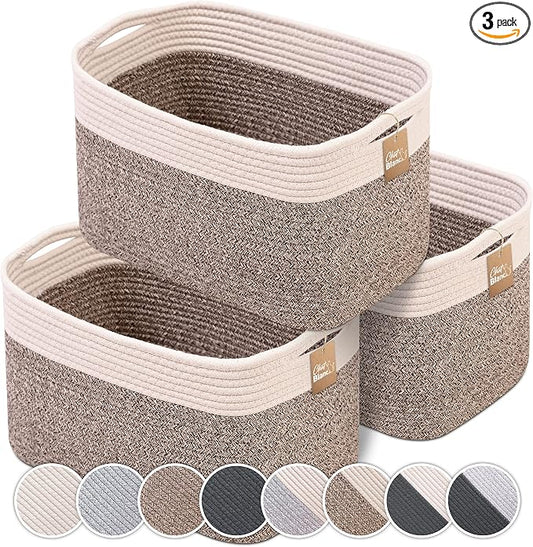 CHAT BLANC Cotton Rope Baskets for Organizing | Storage Baskets for Shelves | Rope Basket for Storage, Small Laundry Baskets, Woven Baskets for Storage, Dog Toy Bin, Baby Basket,Off White&Brown 3 Pack