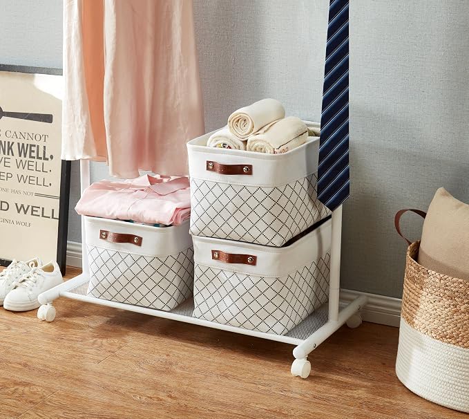 DECOMOMO Storage Bins, Fabric Storage Baskets for Shelves | 3 Pack Linen Closet Organizers for Toys and Nursery (Large, Checkered White)