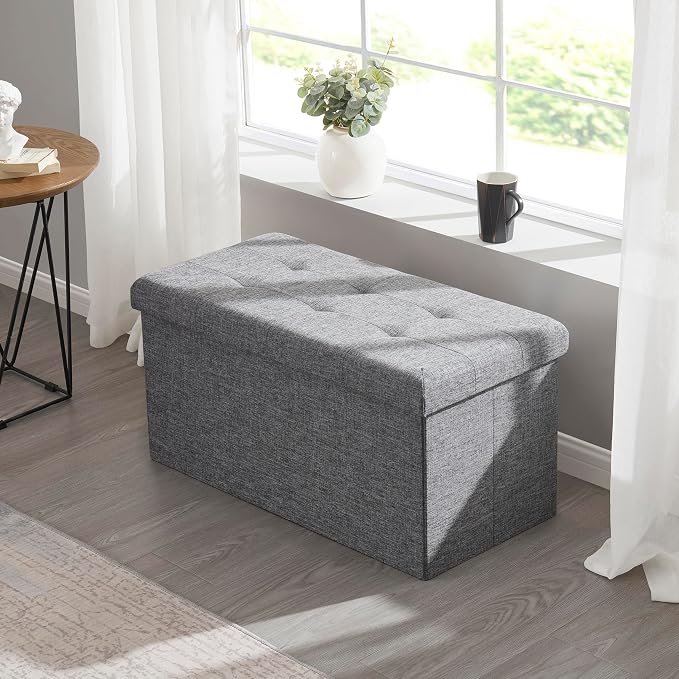 Ornavo Home 30 Inch Folding Storage Ottoman Bench, Tufted Linen, Gray | Upholstered Large Ottoman with Lid; Foot Rest Stool; Ideal for Bedroom, Living Room or Entryway