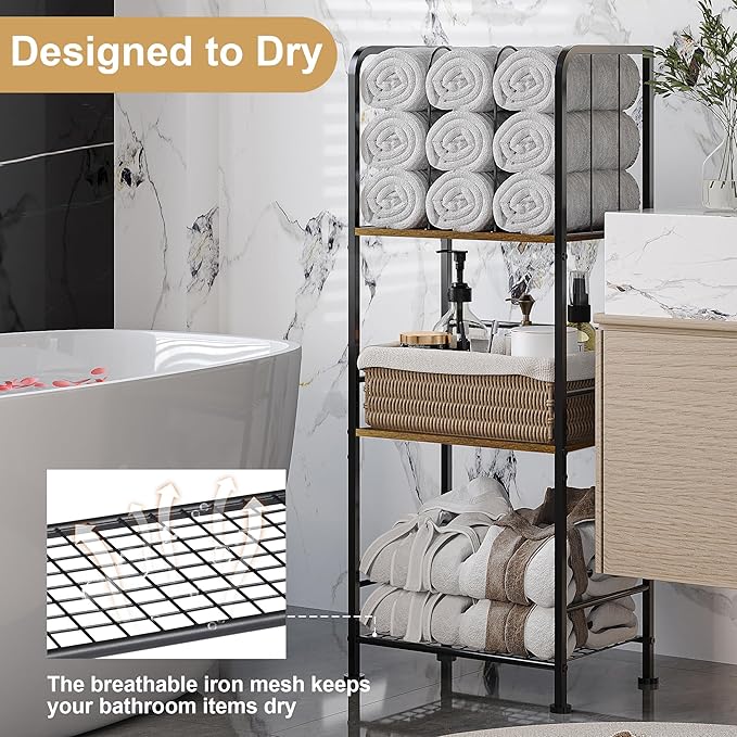 3-Tier Freestanding Towel Racks for Bathroom, Towel Rack Stand | Detachable M-shaped Dividers for Bath Towel Storage Premium Iron & Wood Holder Crafted for Bathroom Organization
