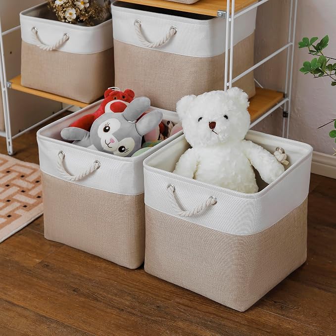 MidmmVick 13 x 13 Inch Cube Storage Bins, 6 Pack Extra Large Collapsible Fabric Storage Bin with Ropes, Foldable Storage Cubes for Home (White & Beige-13"x13"x13")