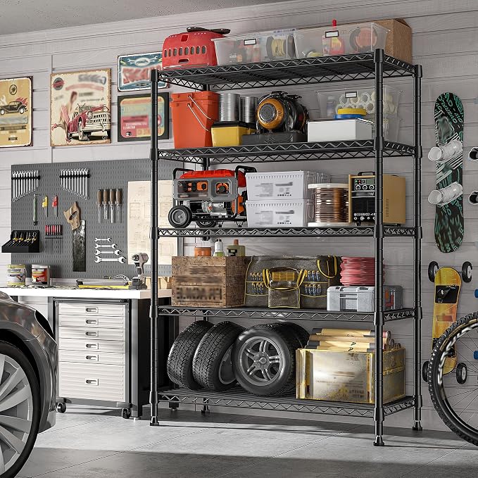REIBII 5-Tier Storage Shelves 1660LBS Wire Shelving Unit with Wheels | 73''H heavy duty shelves,lock casters or switch to leveling feet, tool-free setup, fits kitchen,pantry,garage,black