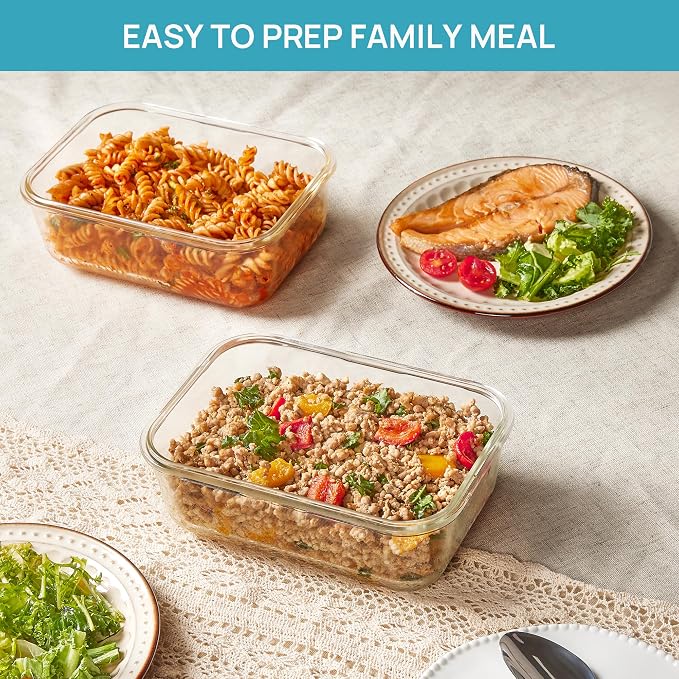 Vtopmart 2Pack 1860ml/63oz Large Glass Storage Containers With Lids, Grey | Meal Prep Food Container Set with Snap Airtight Lid, For Baking, Microwave, Oven, Leak Proof, Freezer, Dishwasher, BPA Free
