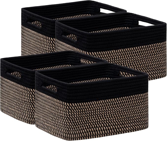 4 Pack Storage Baskets for Organizing, Woven Baskets for Shelves, Black&Brown