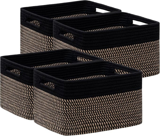 4 Pack Storage Baskets for Organizing, Woven Baskets for Shelves, Black&Brown