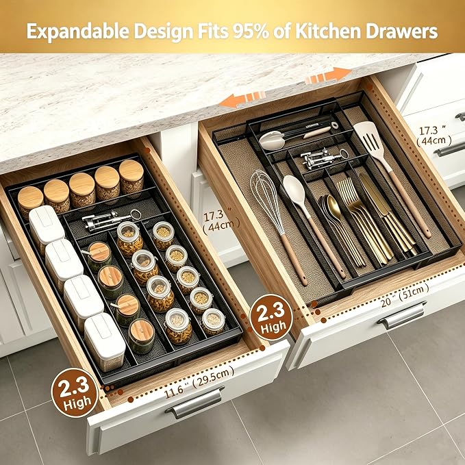 Sedegn Silverware Organizer Metal Mesh, Large Drawer Organizer | Utensil Cutlery Tray for kitchen drawers, Expandable Flatware Organizer with 8 Compartment Black 11.6"~20" x 17.3"