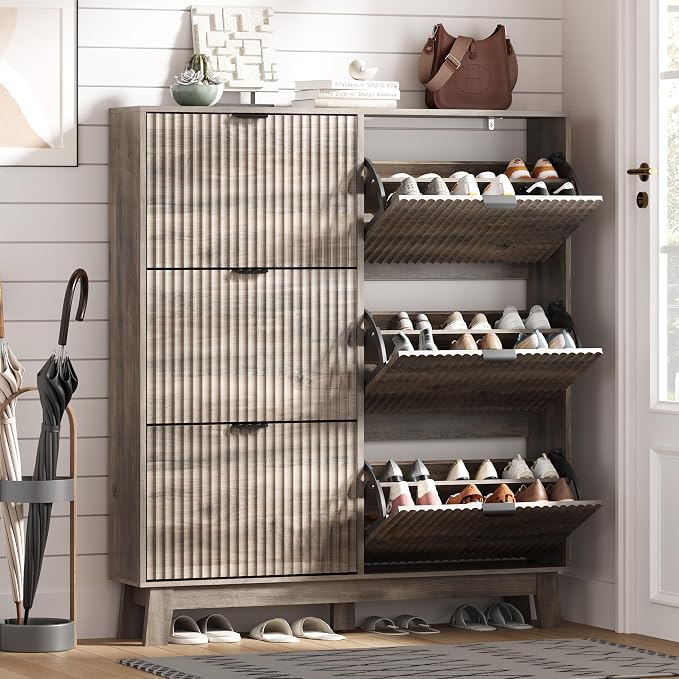 HUANLEGO Shoe Cabinet Storage for Entryway with 6 Flip Drawers, Grey | Fluted Narrow Shoe Organizer with Wooden Legs, Freestanding Entryway Shoe Storage, Hidden Shoe Rack for Front Door Entrance