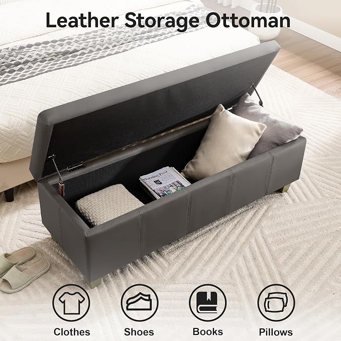 WUTUTUEE 41" Faux Leather Storage Ottoman, Stitch Tufted Rectangle Upholstered End of Bed Storage Bench, Entryway Large Couch Ottoman with Wooden Legs,Dark Grey