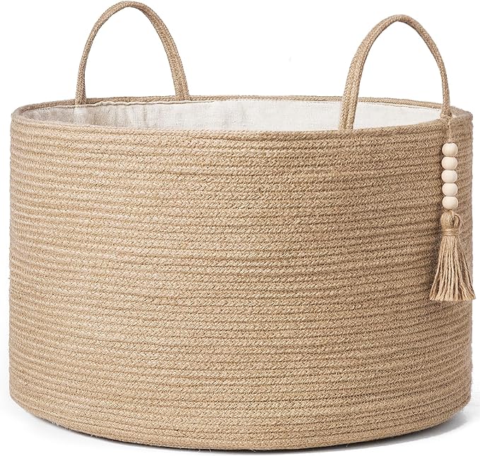 Mkono Extra Large Laundry Basket Woven Storage Baskets for Blankets Toys Clothes Organizer, Decorative Clothes Hamper 21.7" x 13.8" | Brown, Jute, Decorative Basket with Handle, Wood Beads Tassel, Shoes Towel Clothes Storage Bin, Living Room Bedroom Nu...