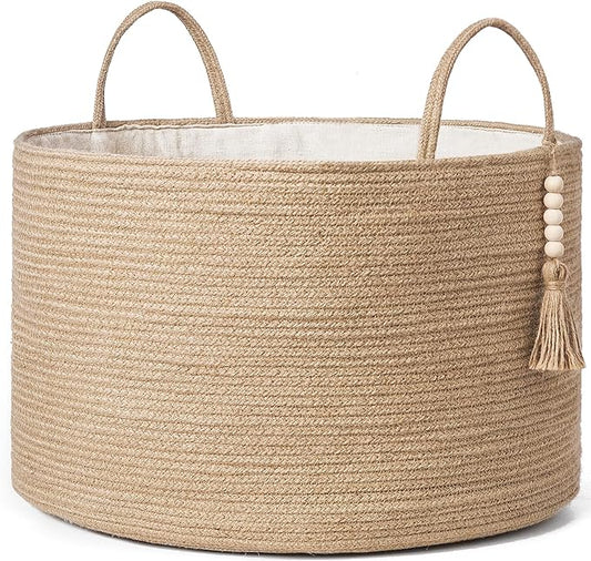 Mkono Extra Large Laundry Basket Woven Storage Baskets for Blankets Toys Clothes Organizer, Decorative Clothes Hamper 21.7" x 13.8" | Brown, Jute, Decorative Basket with Handle, Wood Beads Tassel, Shoes Towel Clothes Storage Bin, Living Room Bedroom Nu...