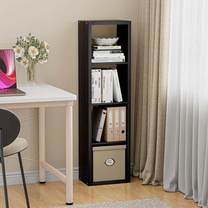 VDNEND Cube Storage Organizer Bookcase, Small 4 Tier 11 inch Open Back Cubical Shelf with Thickened Border, Display Bookshelf for Living Room, Home Office, Sturdy Room (Black, 4 Cube,Vertical)