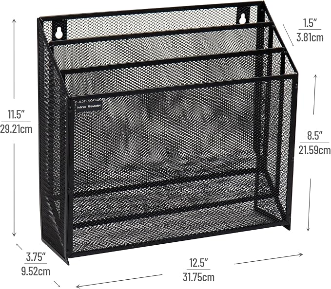 Mind Reader Vertical File Storage, Desktop Organizer, Wall Mount, Office, Metal Mesh, Black