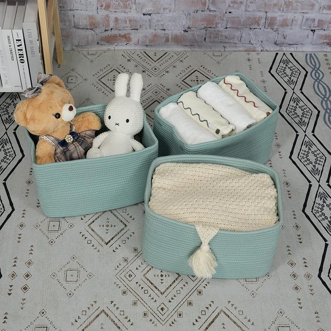 XUANGUO Woven Cotton Rope Storage Baskets 15x10x9.3" 3 Pack Green | Decorative rectangular storage baskets for shelves and closets; storage bins organize clothes, toys, books and nursery items.