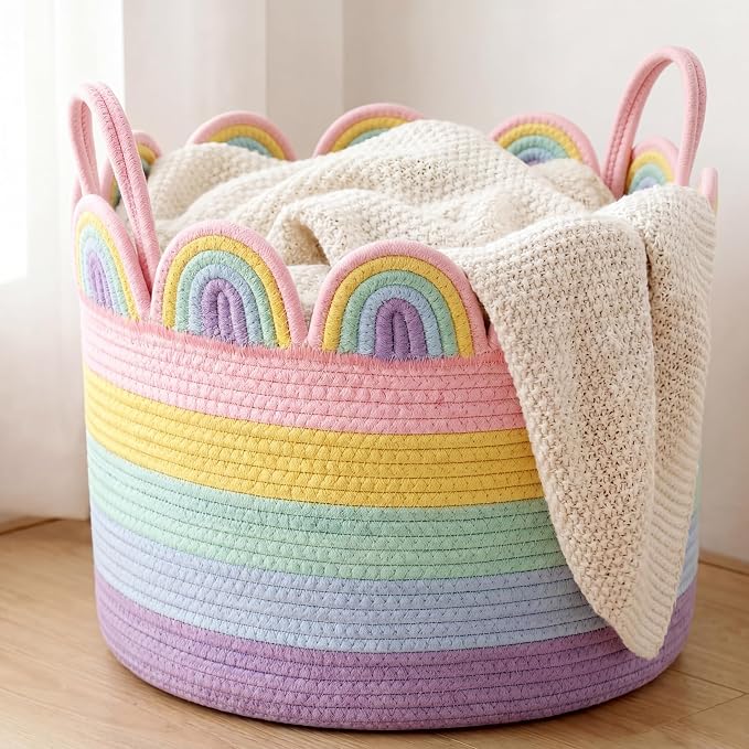 LemonRoad Pastel Rainbow Round Basket Large Blanket Basket 16" x 14" Scalloped Woven Baskets Cotton Storage Baskets for Nursery Classroom Closet Blankets Storage Home Decor