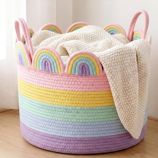 LemonRoad Pastel Rainbow Round Basket Large Blanket Basket 16" x 14" Scalloped Woven Baskets Cotton Storage Baskets for Nursery Classroom Closet Blankets Storage Home Decor
