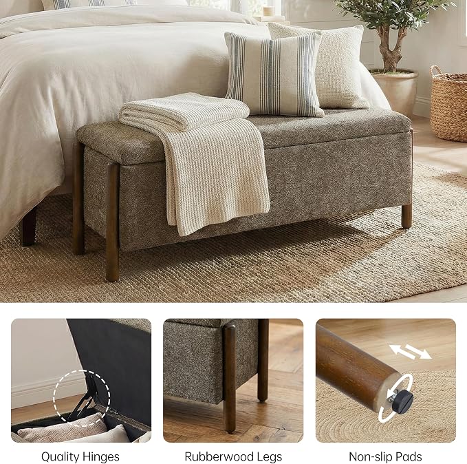 Usaint Wooden Storage Ottoman Bench, 47" Fabric Upholstered End of Storage Bench with Rubberwood Legs, Entryway Bench with Storage for Bedroom, Living Room, Reception, Cloakroom, Brown