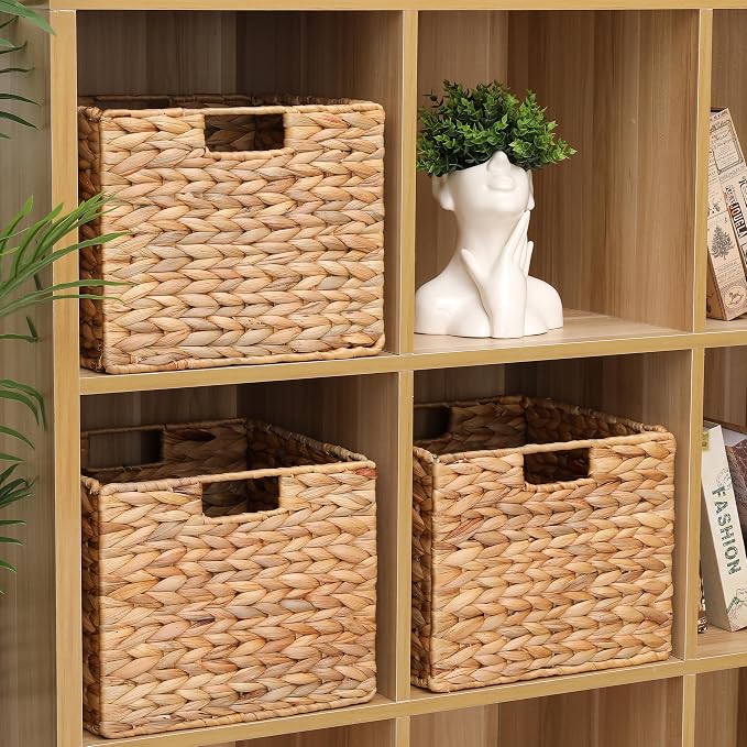 12x12x10in Water Hyacinth Storage Basket Large, Folding Cube Woven Wicker Storage Basket for Shelves, Pantry Baskets Organization and Storage, Kitchen Storage Baskets, Large Rattan Basket Set of 3