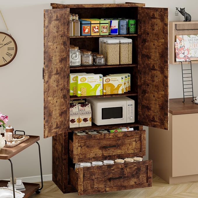 BORNOON Pantry Organizers and Storage Cabinet, 71” Barn Door White Kitchen Cabinet with Drawers and Adjustable Shelf, Tall Pantry for Kitchen, Dining Room, Living Room. Bathroom and Office