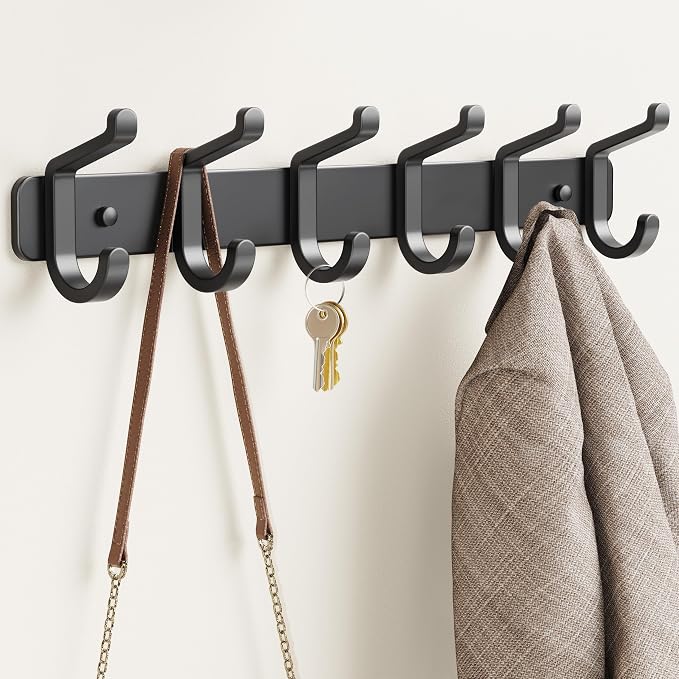 pickpiff Coat Rack Wall Mounted Heavy-Duty: Metal Coat Hanger 6 Hooks for Hanging Hat, Clothes, Robe, Keys, Backpack, Bathroom Towels, Jacket, Purse - Closet, Door, Entryway, Mudroom (Black, 1 Pack)