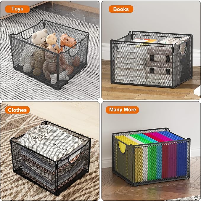 EasyPAG Hanging File Folders Organizer, Black Mesh Filing Crate, Stackable File Folder Storage Box, Desktop Document Holder for Letter Size Papers