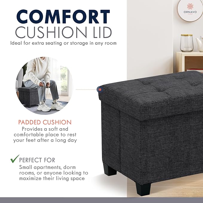 Ornavo Home Small Rectangle Storage Ottoman with Legs, 12x16x12, Black | Foot Rest Stool Seat; Holds Up to 600 lbs; Ideal for Living Room, Bedroom, Home Office or Dorm