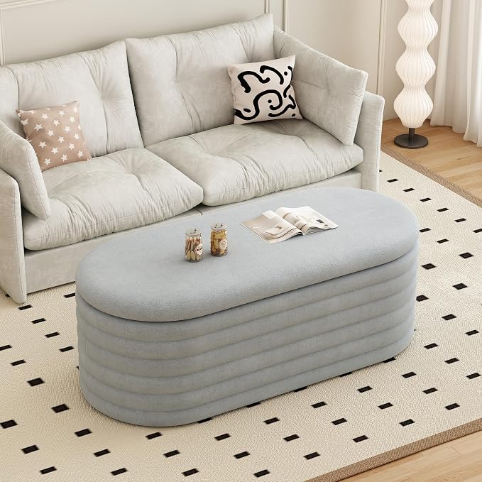 Ball & Cast Storage Ottoman Bench, 40" Chenille Upholstered Storage Bench for Bedroom End of Bed,Oval Ottoman with Storage,Entryway Bench with Safty Hinges for Living Room,Light Grey
