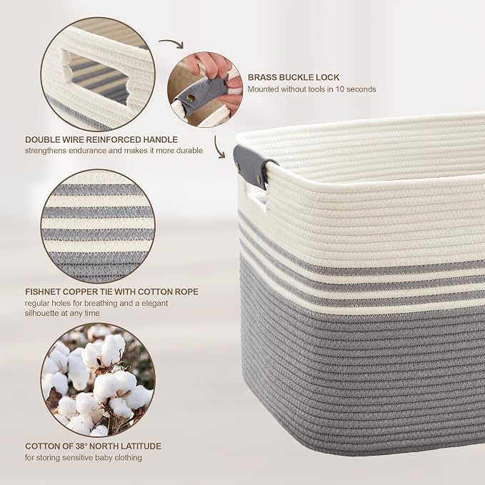 45L Small Woven Laundry Basket Hamper with Leather Handles,Grey | collapsible wicker hamper, storage for dirty clothes, toys, blankets, gifts, living room, bedroom, bathroom, 18"x14"x11"