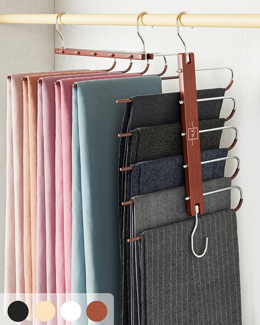 MORALVE Pants Hangers Space Saving - 4 Pack European Beechwood Scarf and Jean Hangers - Closet Organizer and Space Saver Pant Rack, Leggings Hanger, and Scarf Holder with 360° Swivel Hook