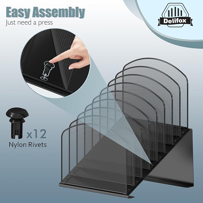 Delifox Inclined Desk File Organizer, 8-Section, Black | Upright Desk File Holder, Standing File Sorter, For Office School Classroom Desktop Organization