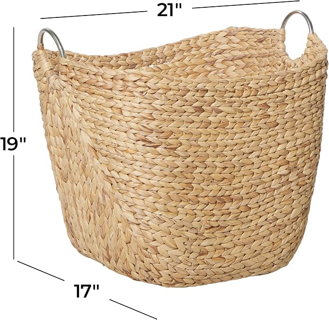 Deco 79 Seagrass Handmade Decorative and Functional Storage Basket Large Woven Basket Organizer with Ring Metal Handles, Basket for Storage 21" x 17" x 19", Brown