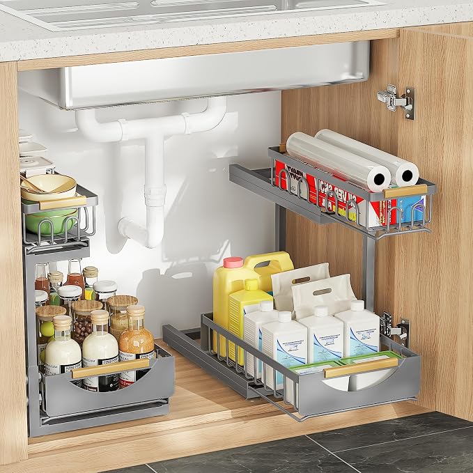 Under Sink Organizer and Storage 2 Tier Cabinet Pull Out Shelf Organizers | 2 Pack 2 Tier under sink storage for Bathroom and Kitchen Slide Out Drawer Organization for Home Cabinets Shelves and Drawers