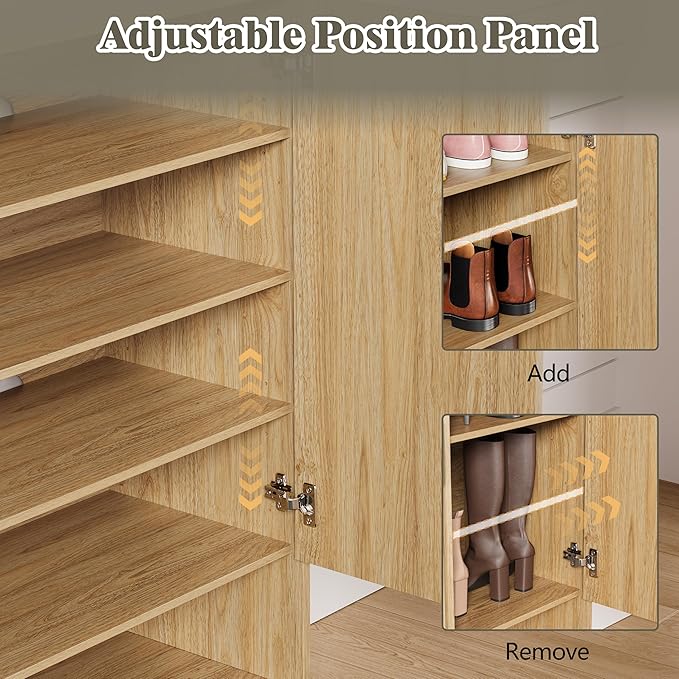 HUANLEGO Shoe Cabinet Storage for Entryway with Doors, Oak | 5 Tier Fluted Shoe Organizer with Adjustable Shelves, Shoe Storage with Wooden Legs, Freestanding Shoe Rack for Entryway
