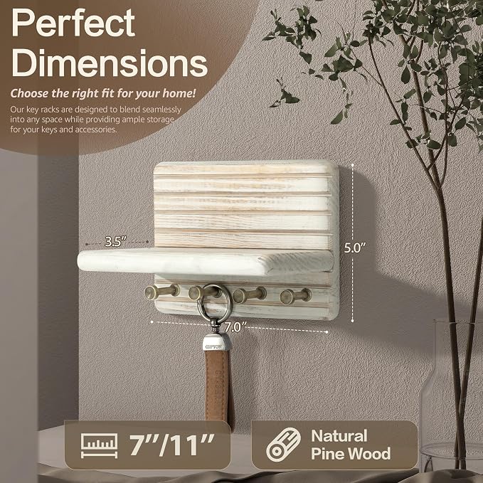 Rebee Vision Key Holder Wall Mount for Home Decor, Distressed White | Pine Wood Key Holder for Wall, 4 Key Hooks, Mini Display Ledge, Mail Organizer, Rustic Home Accent, Compact Apartment Storage
