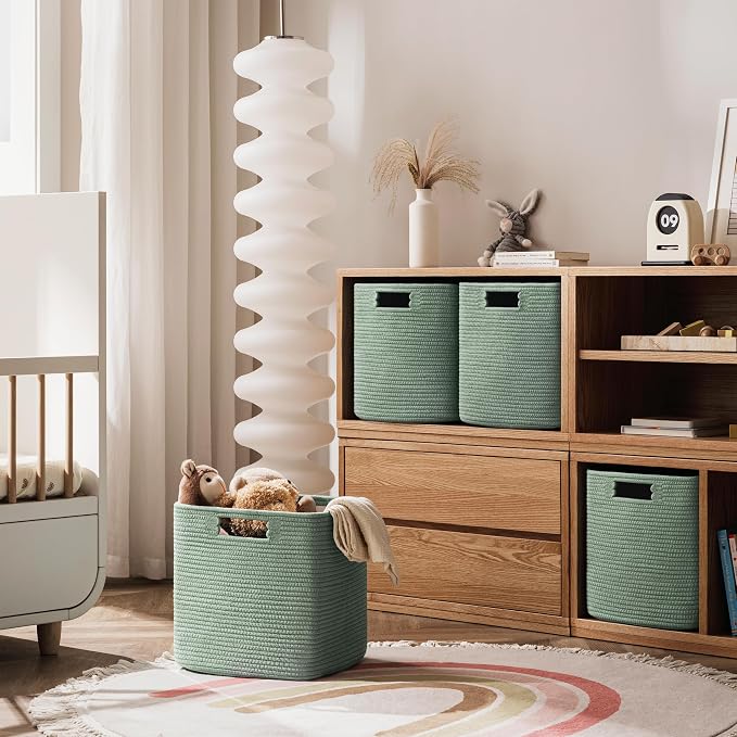 UBBCARE Set of 4 Storage Basket-11 X 10.5 X 10.5 In, Cotton Rope Basket for Shelves, Toys, Book, Cube Storage Bins with Handles, Woven Storage Basket for Organizing, Green