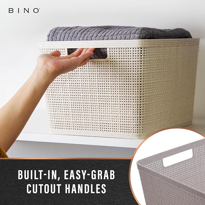 BINO Woven Plastic Basket | Large (Natural), 3-Pack | THE JUTE COLLECTION | Home Organization, Space-Saving Storage, Stylish Design | Plastic Storage Basket