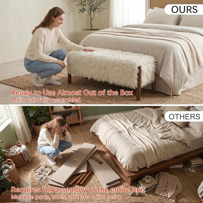 Modern Storage Benches with Walnut Wood Legs, 47'' Ottoman Bench with 20 Gallons Storage Space for Bedroom End of Bed, Faux Fur Fabric Upholstered Entryway Bench, Beige