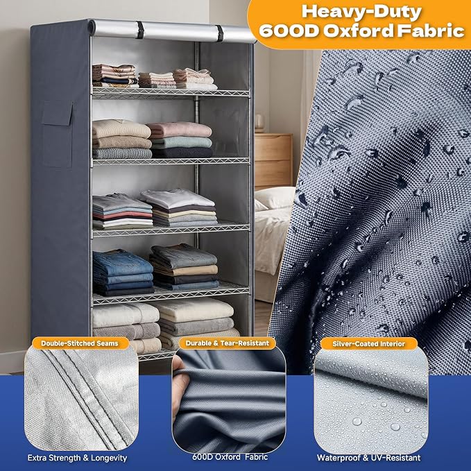 Shelving Cover for Shelves, Fits 36"W x 14"D x 54"H Storage Rack | 600D Waterproof Dust Shelf Cover with Dual Side Zippers, for Rack in Garage, Pantry, Basement & Utility Use (No Shelves)
