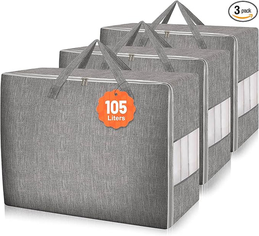 3 Pack 105L Comforter Storage Bags, Extra Large Blanket Storage Bags with Sturdy Zipper and Reinforced Handle, Clear Window, Moving Closet Organizers for Comforters and Blankets, Pillows