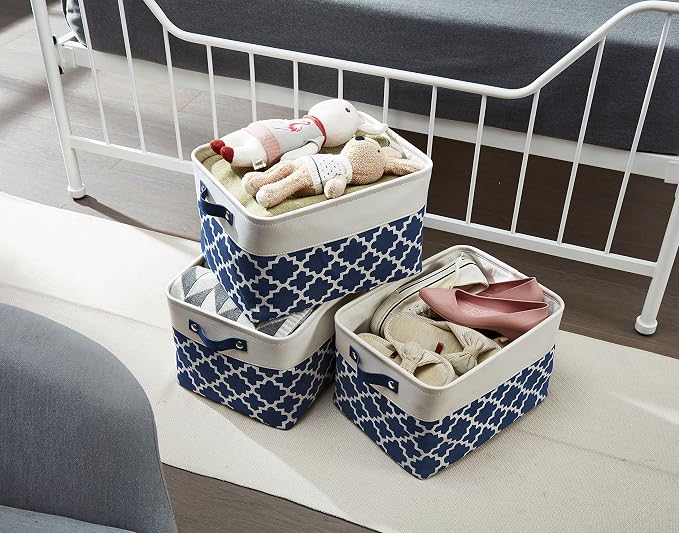 DECOMOMO Storage Bins, Fabric Storage Baskets for Shelves | 3 Pack Linen Closet Organizers for Toys and Nursery (Large, Blue Patterns)