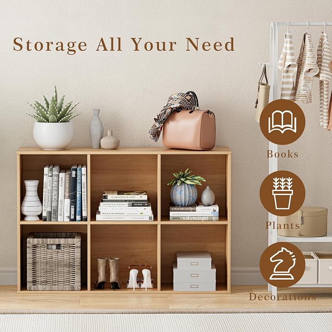 VDNEND Wooden Cube Storage Organizer with Closed Back Panel, 11in Cube Shelf Opening, Bookshelf, Display Shelf,Closet Cabinet for Home and Office (Natural Oak, 6-Cube 35.98L*9.45W*24.09H)