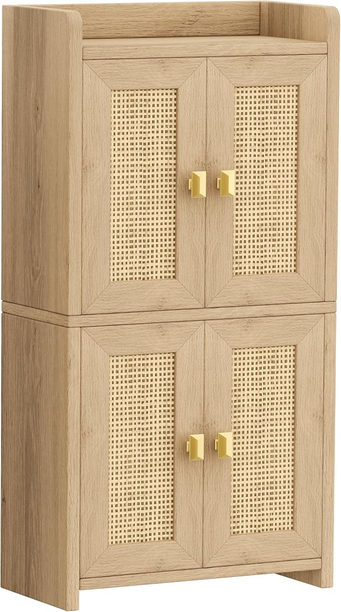 Akxomel 15" Rattan Small Bathroom Cabinet 4 Doors Adjustable Shelf Oak | Bathroom Organizer and Storage, Toilet Paper Floor Cabinet for Small Space