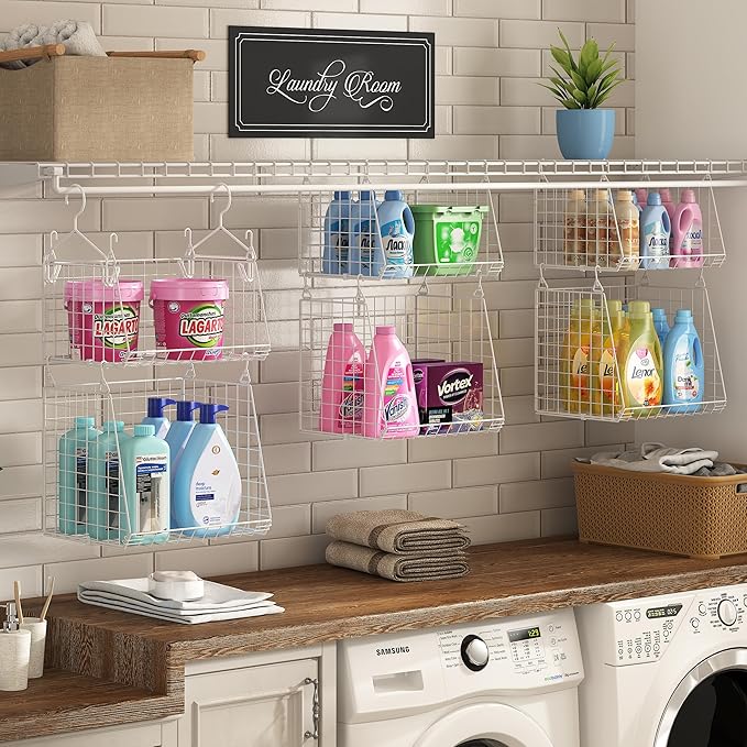 Sonyabecca 5-Tier Hanging Laundry Basket Organizer: Foldable Wire Shelf Basket with 4 Large Hooks 1.65" & 360°Rotating Hooks – Space-Saving Laundry Room Organization for Wardrobe Closet, White Patent