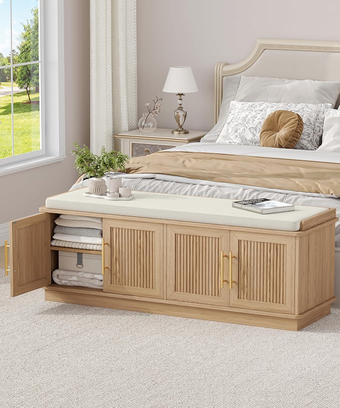 Akxomel 47.2" Fluted Shoe Storage Bench 4 Doors Wooden Entryway Bench Oak | 2 Tier Shoe Bench with Padded Cushion, Adjustable Shelves and 4 Doors, Curved Profile, for Hallway, Living Room, Bedroom