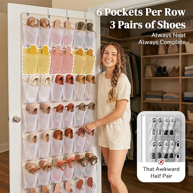 48 Pockets Over the Door Shoe Organizer, Large Mesh Hanging Shoe Rack, 6-Column Heavy Duty Shoe Storage for Sneakers and Heels, Behind Door Holder for Entryway Bedroom Dorm College, Beige