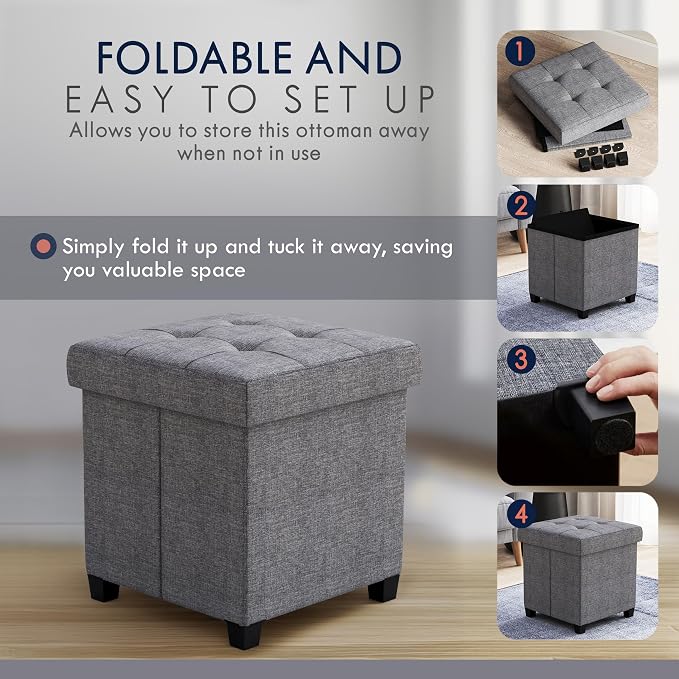 Ornavo Home Square Cube Storage Ottoman with Legs, 15x15x15, Gray | Foot Rest Stool Seat; Holds Up to 600 lbs; Ideal for Living Room, Bedroom, Home Office or Dorm