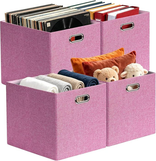Posprica 3X Thicker Collapsible Storage Bins,13×15x13 Foldable Storage Cube Boxes Fabric Drawer for Closet Shelf Cabinet Bookcase, set of 4 (Pink)