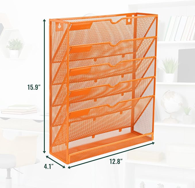 EASEPRES 6 Tier Mesh Hanging Wall File Organizer, Desk Vertical Mail Paper Document Folder Holder Rack with Bottom Tray and Nametag Label for Office Home School, Orange