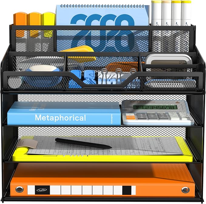 Docnest 4 Tier Mesh Desk Organizer with Letter Tray & Paper Sorter, Black | Features 3 built-in pen holders & 5 adjustable compartments on top. Includes 4 non-slip rubber feet for desk protection