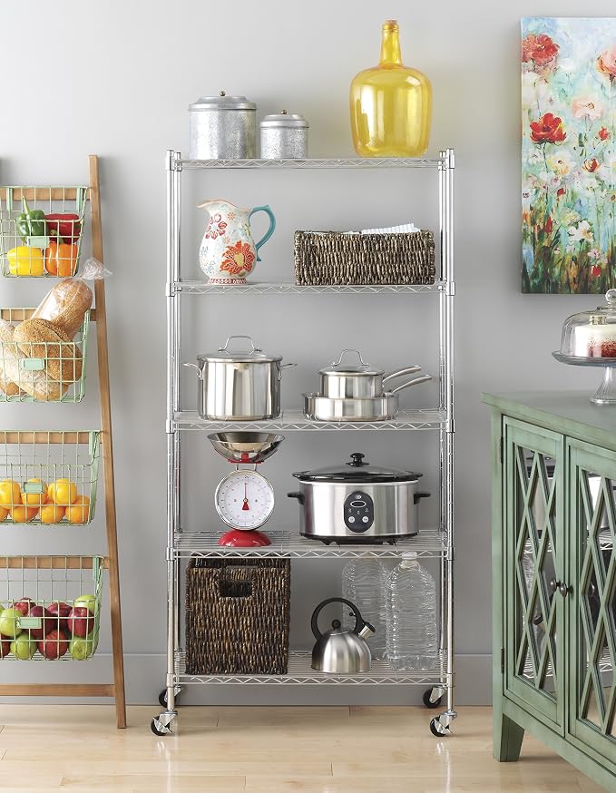 Whitmor 5 Tier Shelving Unit, Adjustable Storage Shelves with Wheels, 400 lbs Capacity per Shelf, Max 2000 lbs Total for Pantry, Kitchen, Garage, 30" L x 14" W x 60" H, Chrome